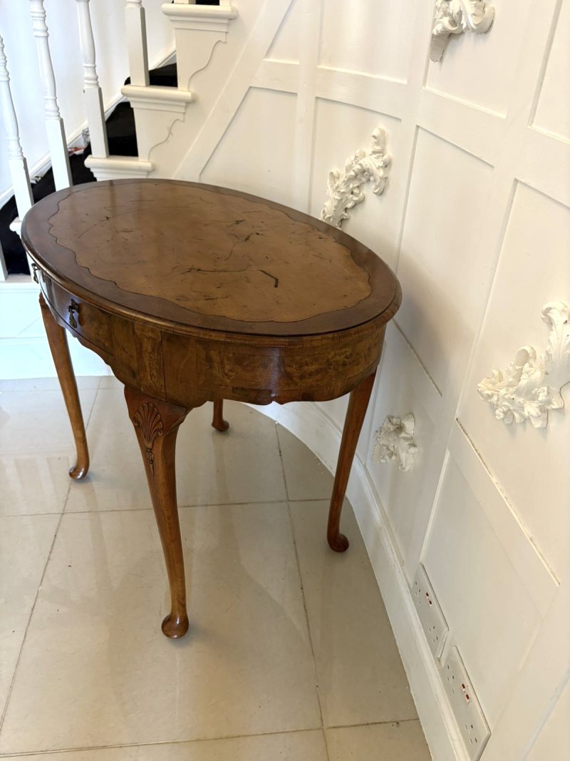 Antique Edwardian Quality Burr Walnut Freestanding Oval Shaped Writing Table - Image 14